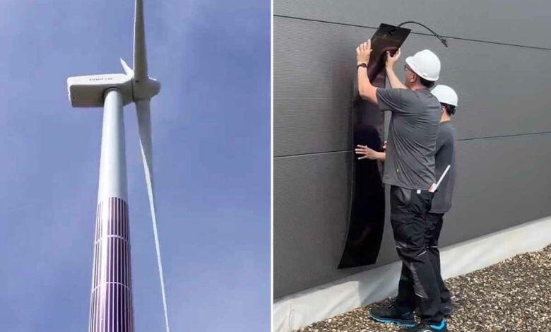 L'installation de panneaux solaires sur une éolienne.