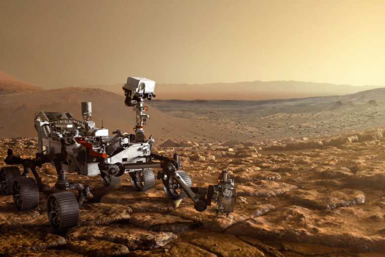 Mars Perseverance Rover (concept scientifique devenu réalité) explore la surface de Mars.