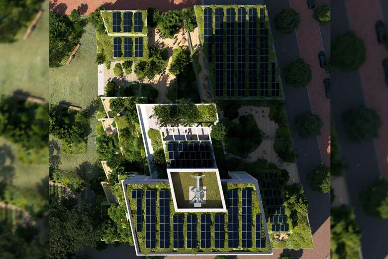 Doté d'un toit végétalisé et de panneaux solaires dernière génération, le bâtiment aura au minimum une autosuffisance en énergie.