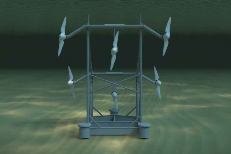 L'HydroWing se compose de deux composants principaux, une structure permanente ancrée par la gravité, une à trois « ailes » récupérables comprenant trois à cinq petites turbines (50 à 400 kW chacune).