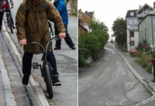 L'ascenseur à vélo remonte le long du trottoir de Brubakken à Bakklandet.