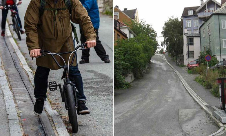 L'ascenseur à vélo remonte le long du trottoir de Brubakken à Bakklandet.