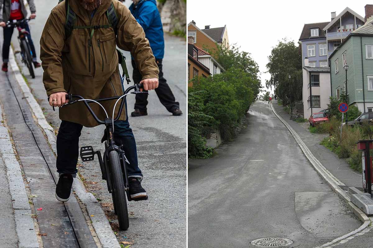 L'ascenseur à vélo remonte le long du trottoir de Brubakken à Bakklandet.