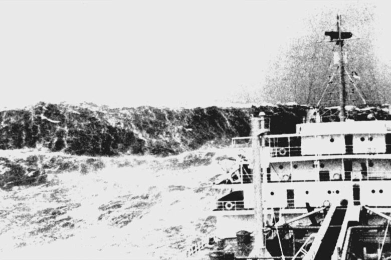 Vague scélérate vue d’un navire marchand (1940, golfe de Gascogne, ligne de sonde des 100 brasses).