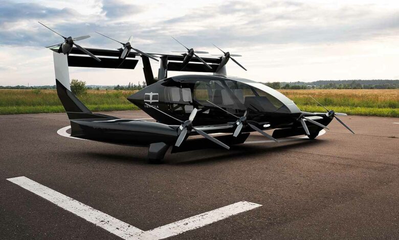 Une voiture volante modulable pouvant être utilisée comme ambulance aérienne.