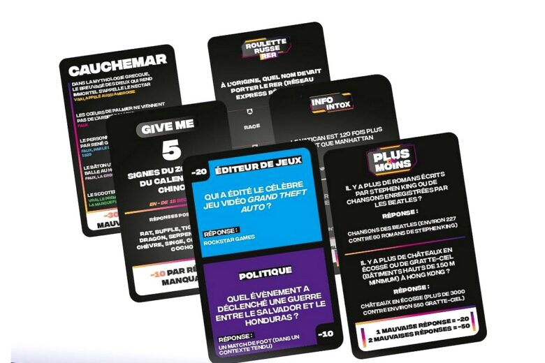 Les différentes cartes questions disponibles dans le jeu Trou Noir.