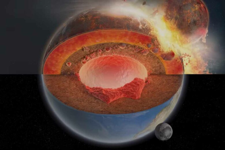 Représentation de la collision entre la Terre et Théia (en haut), résultant de la formation de la lune et d'une structure LLVP proche du noyau (en bas).