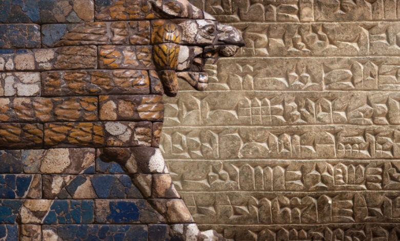 Un texte et une statue de taureau sumériens cunéiformes anciens, une déité mythique assyrienne.