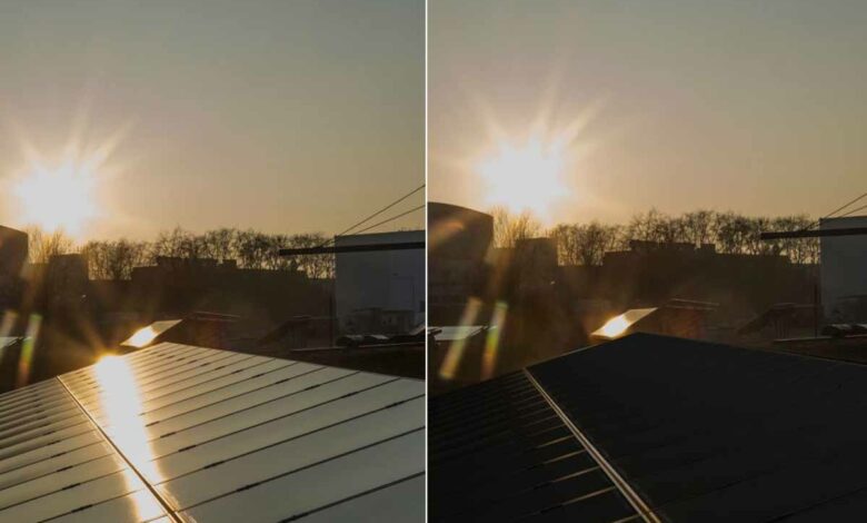 Le film supprime presque complètement la réflexion pour toutes les longueurs d’onde et angles d’incidence de la lumière. Modules solaires sans le film antireflet Phytonique (à gauche) et avec (à droite).