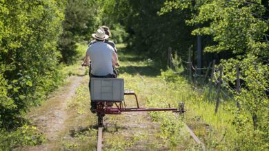 Deux personnes se baladant avec un rail bike sur une voie ferrée désaffectée.