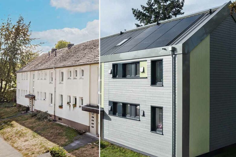 Avant et après rénovation de ce batiment de 20 logements construit en 1956 à Mönchengladbach.