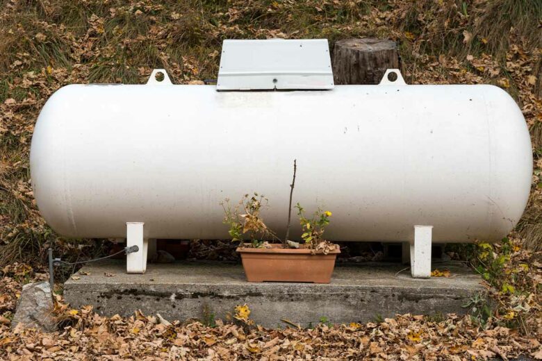 Une citerne de gaz dans un jardin.