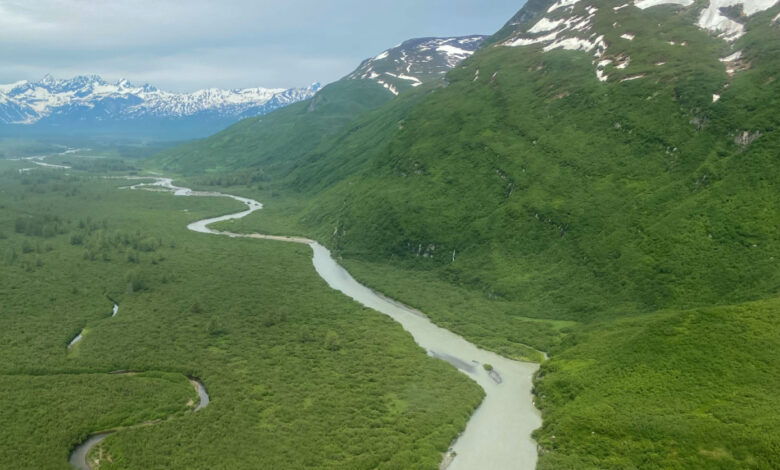 L'énergie hydroélectrique générée par la force de l'eau. La rivière Johnson River en Alaska.