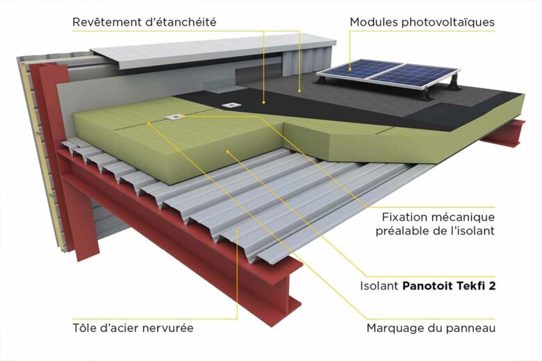 Isolation d'une toiture en bac acier avec des Panotoit Tekfi 2 d’Isover.