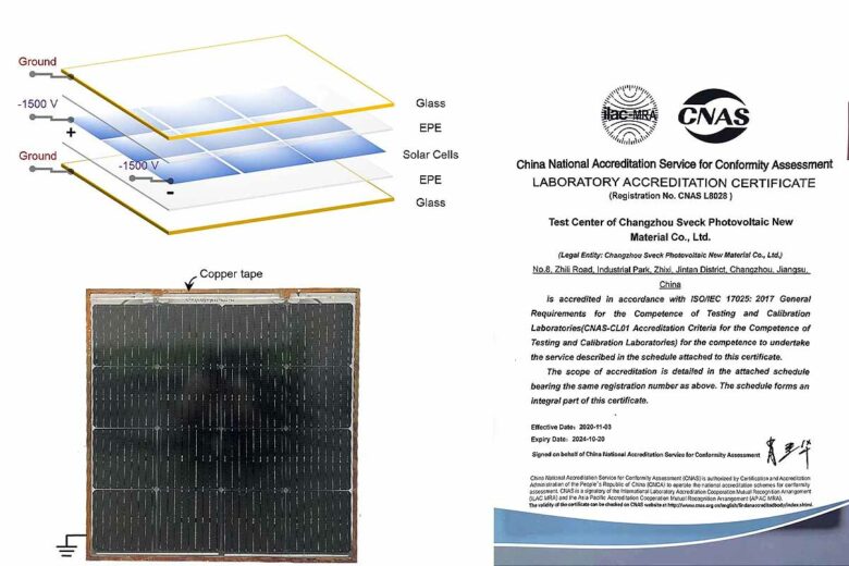 La cellule solaire de 50 µm d'épaisseur et son certificat d'accréditation.