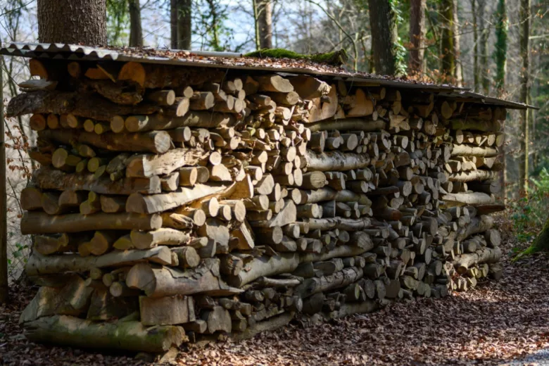 Un stockage de bois en extérieur protégé par un petit abri.