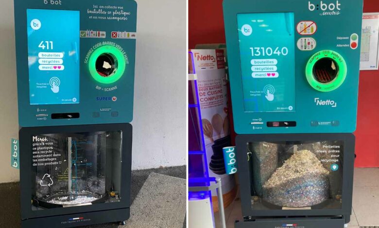 Des machines pour recycler les bouteilles plastiques et les transformer en paillettes.