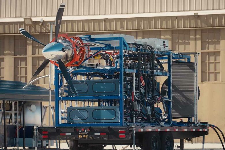 Le banc d'essais au sol du moteur d'avion à hydrogène liquide de Universal Hydrogen. 