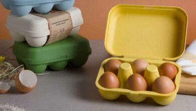 Des boites à œufs en plastique, fabriquées à base de coquilles d'œufs, fruit de la collaboration entre plusieurs entreprises bretonnes.