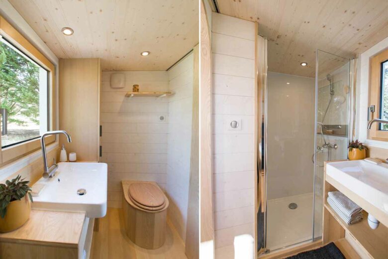 Un espace salle de bain avec douche, lavabo et toilette sèche.