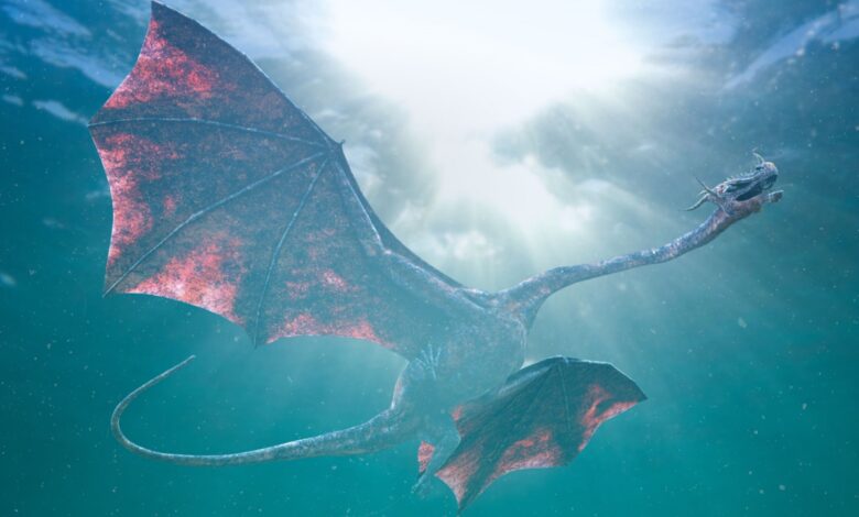Illustration d'un dragon nageant sous l'eau, comme la légende de la Mâchecroûte à Lyon.