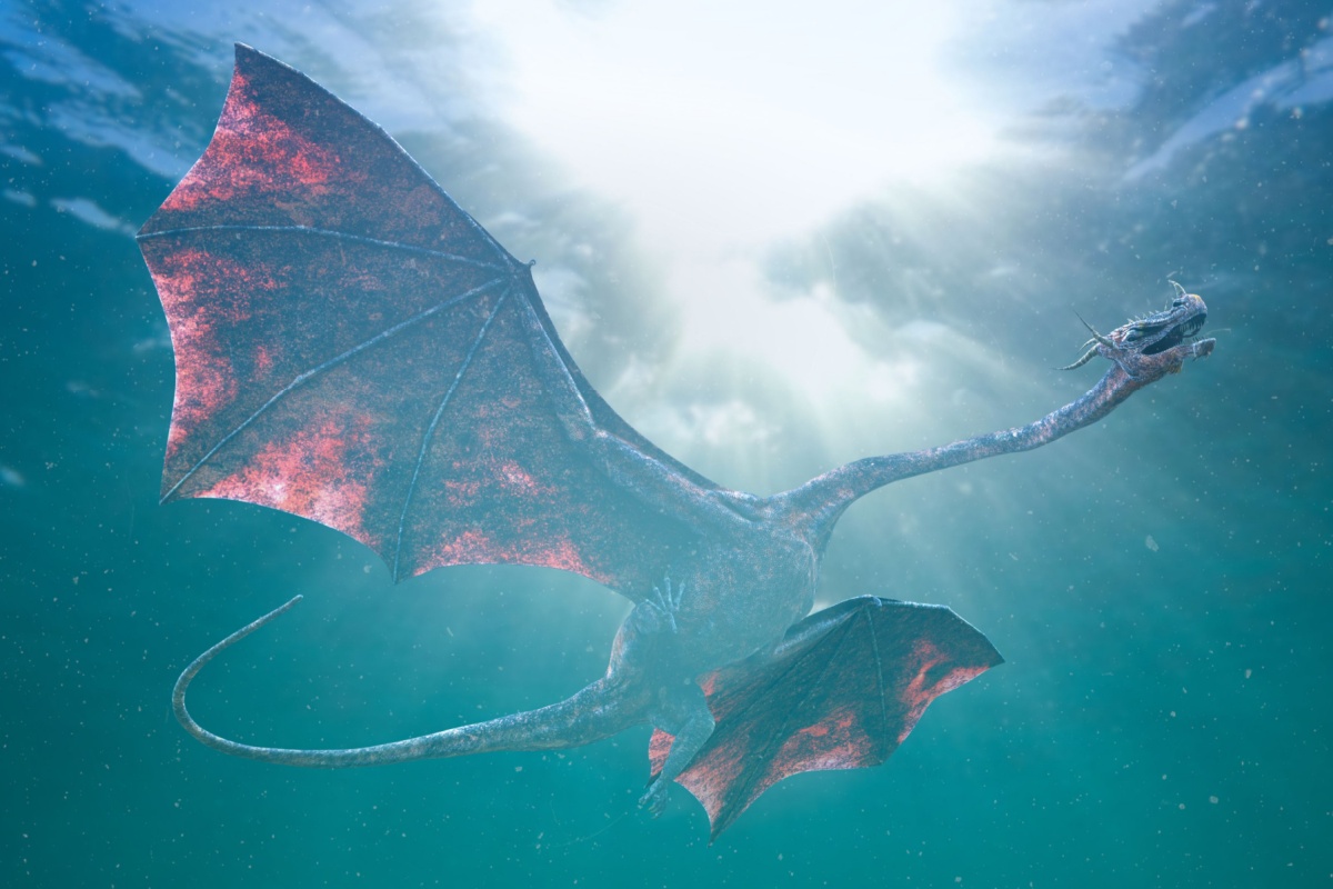 Illustration d'un dragon nageant sous l'eau, comme la légende de la Mâchecroûte à Lyon.