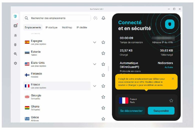 Le VPN Surfshark change votre adresse IP et masque votre emplacement.