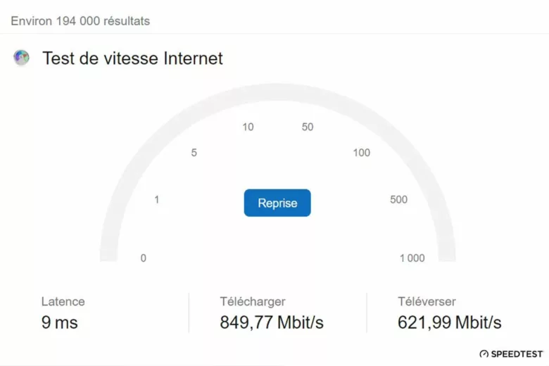 Speedtest sur du Wifi (à 1 m de la box), en fibre de chez Free.