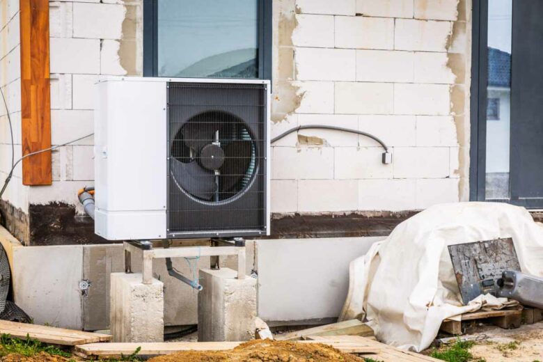 Une pompe à chaleur installée sur le chantier d'une maison en cours de construction.