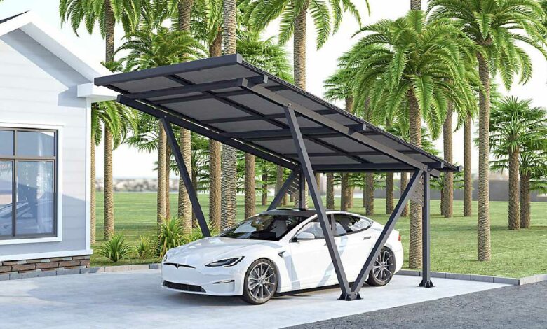 Carport solaire avec panneaux photovoltaïques 366 x 575 x 366 cm Gris 4,1 kW