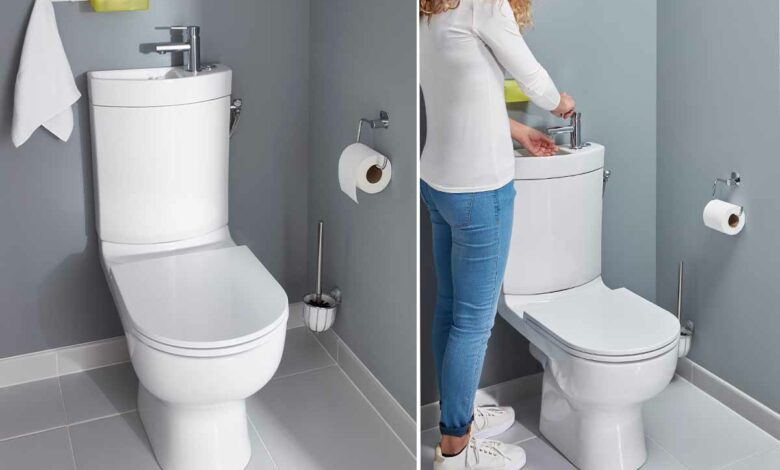 Des toilettes avec un lavabo pour se laver les mains.