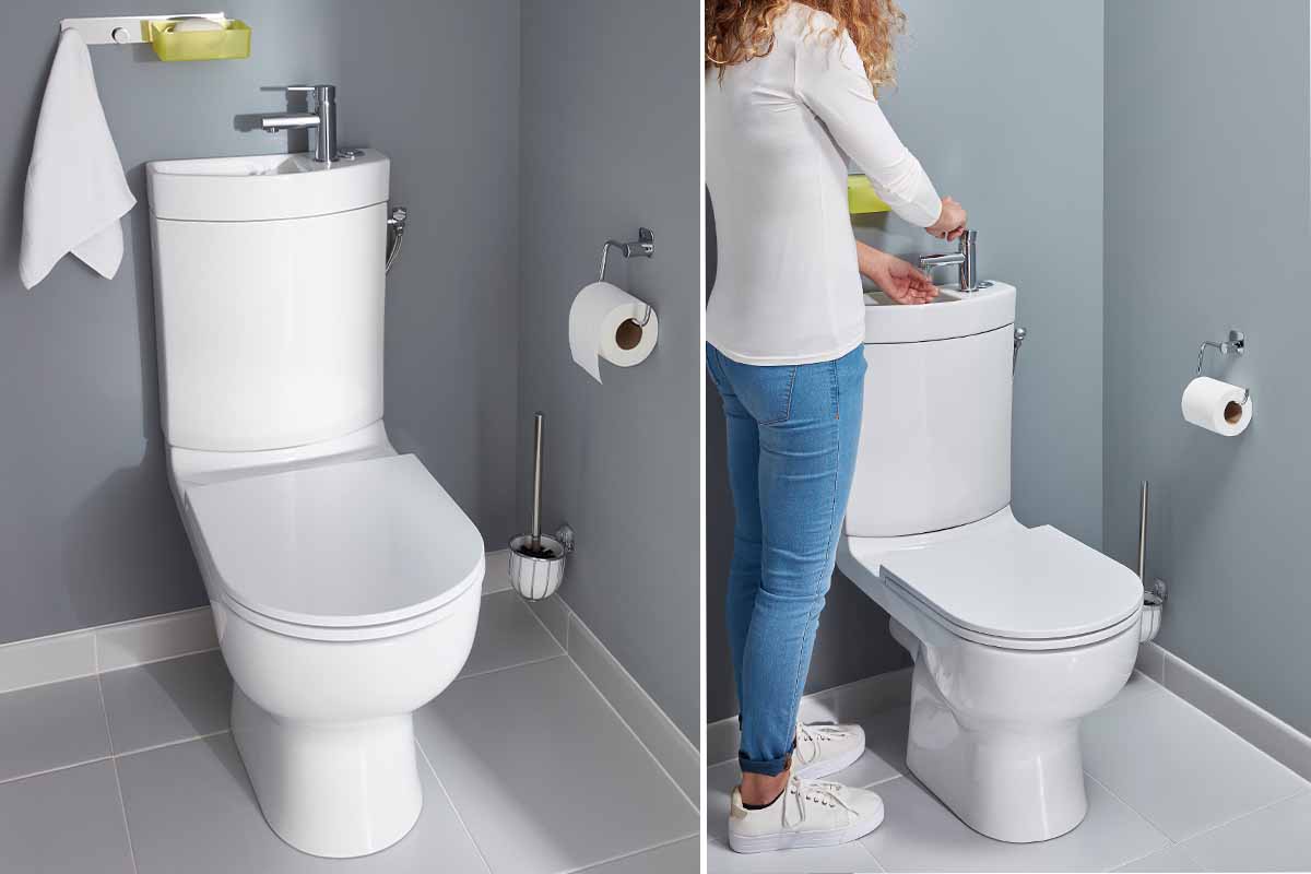 Des toilettes avec un lavabo pour se laver les mains.