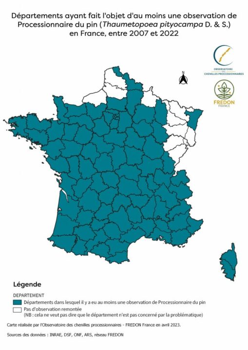 Carte réalisée par l’Observatoire National des chenilles processionnaires. 