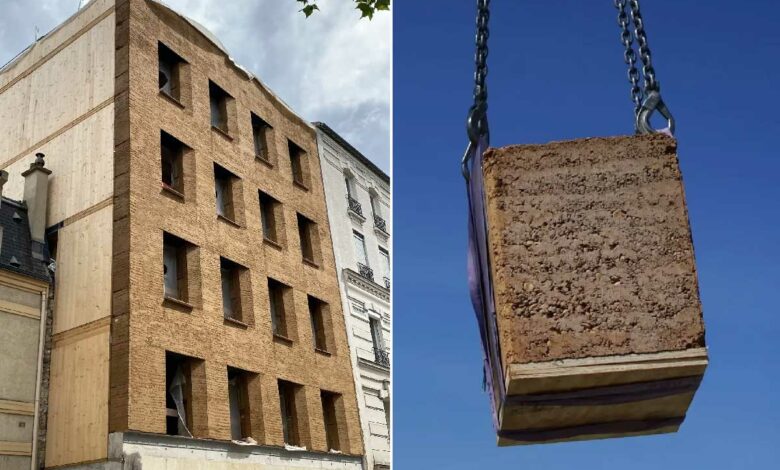 Réalisation d'une façade de bâtiment avec des blocs en terre crue Terrio.