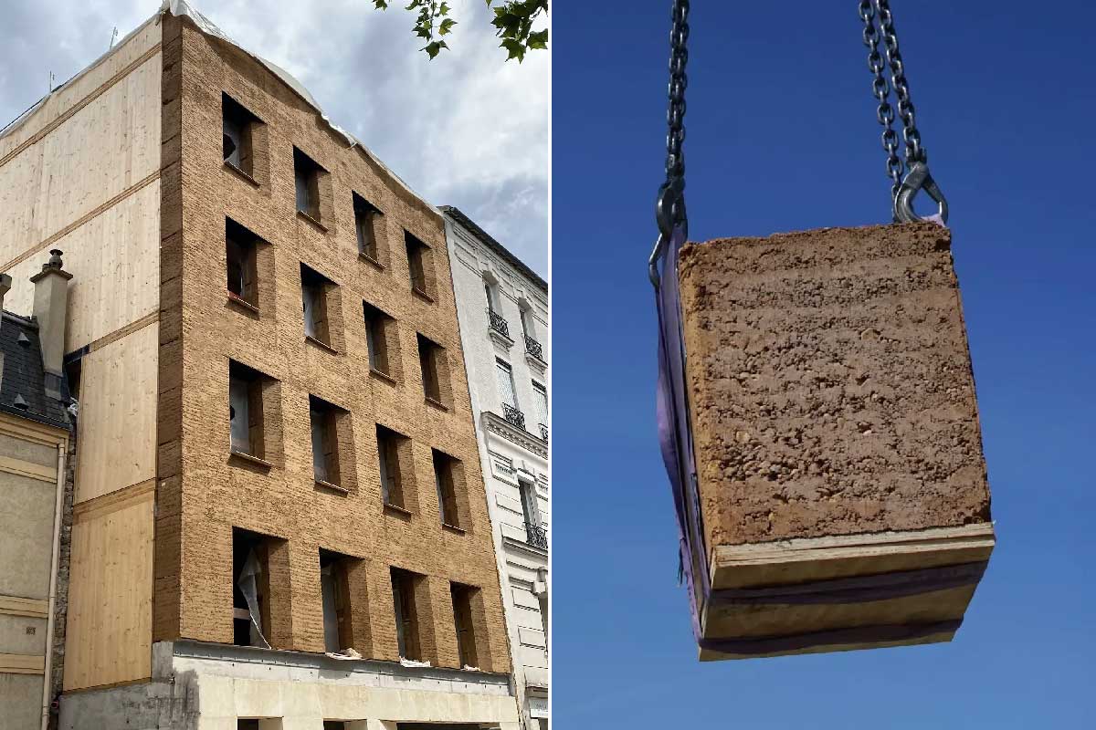 Réalisation d'une façade de bâtiment avec des blocs en terre crue Terrio.