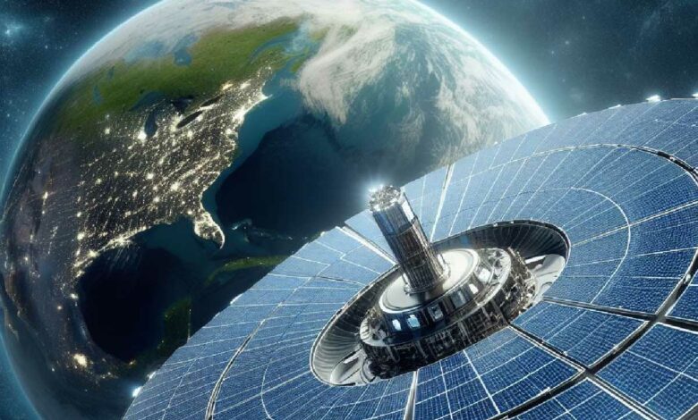 Une ferme solaire dans l'espace qui transmet de l'énergie par micro-ondes.