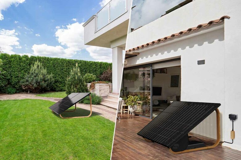 Des panneaux solaires plug and plag de DualSun installés sur une terrasse et dans un jardin.
