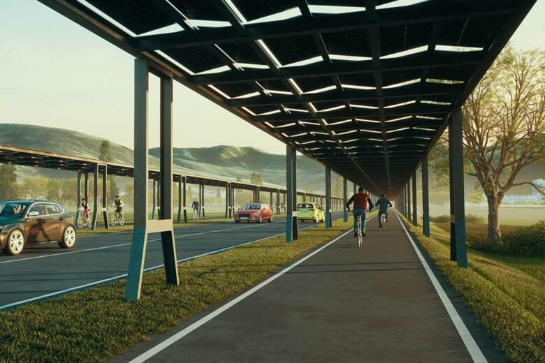 Une piste cyclable recouverte de panneaux photovoltaïques dans la ville de Fribourg.