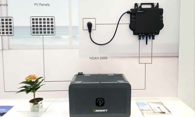Le système de stockage d'énergie de Growatt composé d'une batterie NOAH 2000 et d'un micro-onduleur NEO 800.