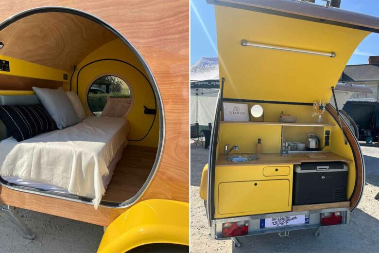 L'intérieur et le côté cuisine de la mini caravane.