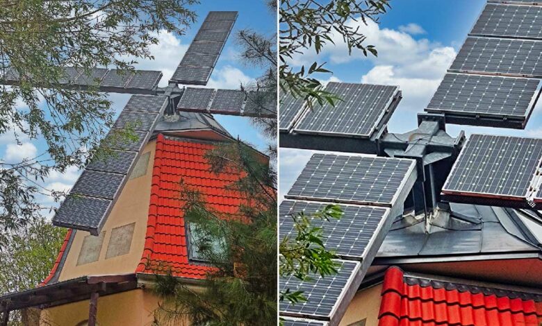 Un moulin à vent transformé avec des panneaux solaires sert désormais de maison de vacances.