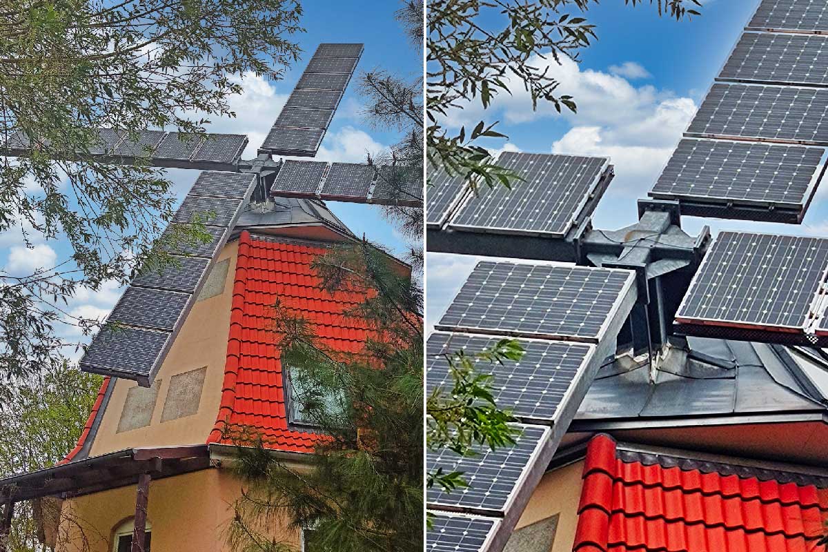 Un moulin à vent transformé avec des panneaux solaires sert désormais de maison de vacances.