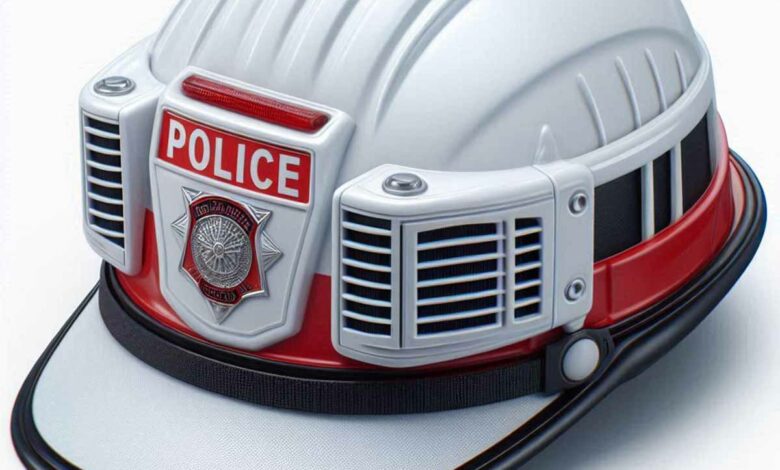 Des agents de police avec un casque climatisé pour lutter contre la chaleur.