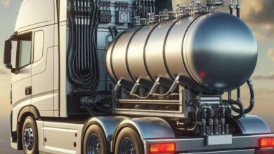 Une cuve d'hydrogène liquide servant de carburant à un camion de transport.