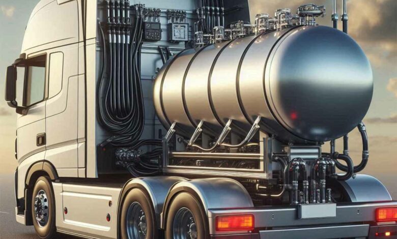 Une cuve d'hydrogène liquide servant de carburant à un camion de transport.