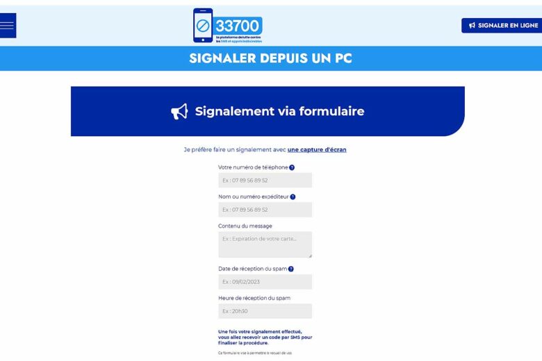 La page de signalement du 33700.fr.