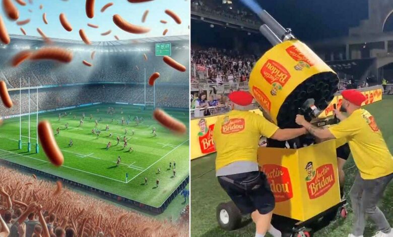 Une sulfateuse à saucissons lors d'un match de rugby, opération publicitaire.