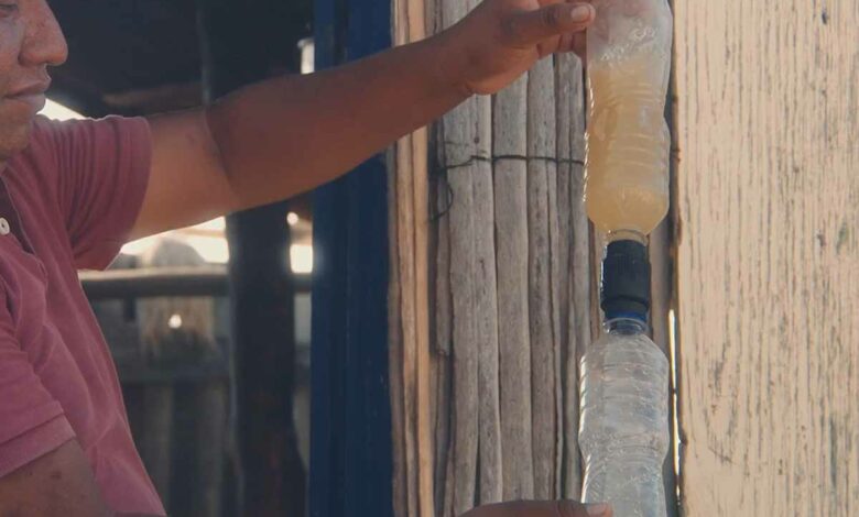 D'un simple geste, l'eau est filtrée et devient potable.