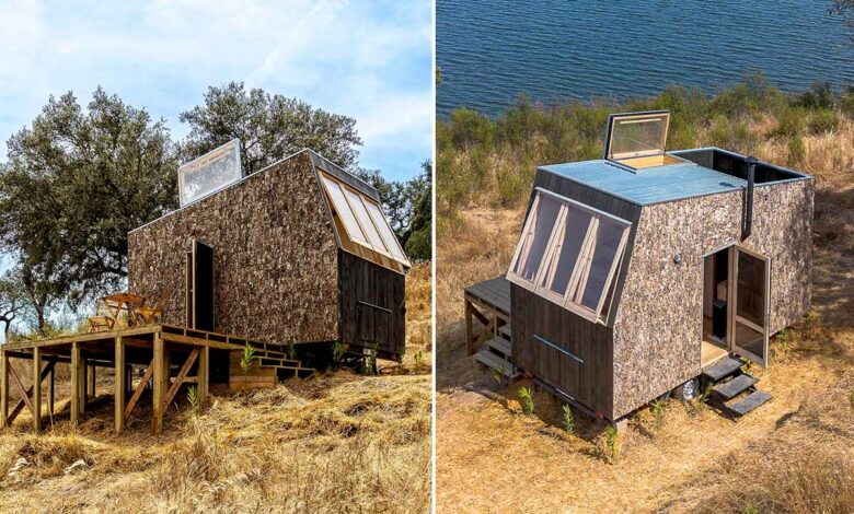Une Tiny house recouverte de liège avec une terrasse panoramique et une terrasse extérieure.