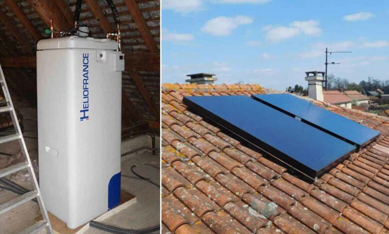 Chauffe-eau solaire composé d'une cuve et de panneaux solaires thermiques.